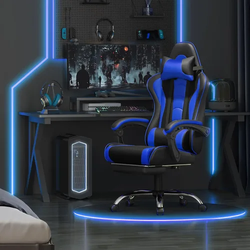 Vista 2 de Yaheetech Silla para videojuegos, silla de videojuegos con soporte lumbar de masaje y reposapiés, silla ergonómica ajustable para computadora