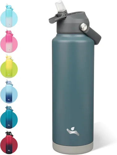 Vista 37 de Konokyo - Botella de agua deportiva aislada de acero inoxidable de 18 onzas con tapa con popote Black; BPA-free, leak-proof sports bottle with
