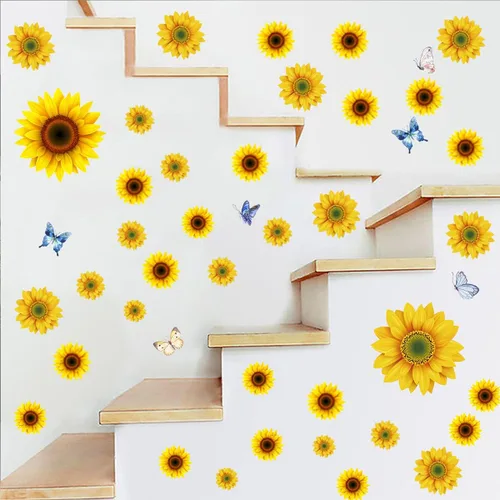 Vista 5 de Calcomanías de pared de girasol con mariposa 3D, calcomanías de pared de flores amarillas extraíbles, impermeables, decoración de girasol, mural
