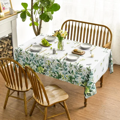 Vista 2 de Horaldaily Mantel rectangular de primavera y verano de 52 x 70 pulgadas, mantel floral de eucalipto para decoración de fiestas, pícnic, cenas