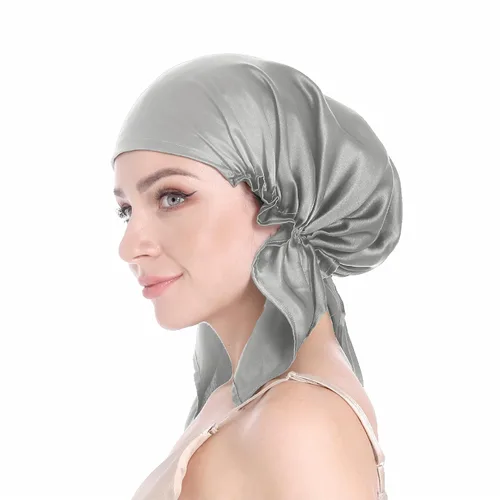 Vista 11 de SissiLita Gorro de seda 100% para dormir, gorro de seda grande con banda de amarre para el cuidado del cabello rizado (azul)