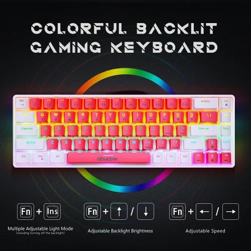 Vista 3 de abucow Teclado mecánico con cable 60% - Diseño compacto de 68 teclas, anti-fantasma completo, interruptor marrón intercambiable, teclas blancas