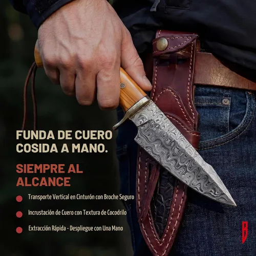 Vista 7 de BIGCAT ROAR Predator Hunter - Cuchillo de hoja fija de acero de Damasco hecho a mano de 10" - Mango de madera de olivo y funda de piel para cinturón