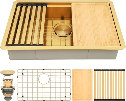 Vista 22 de Fregadero de barra dorada de 13 x 15 pulgadas, fregaderos de cocina dorados de acero inoxidable SUS304 de calibre 16 con accesorios, fregadero