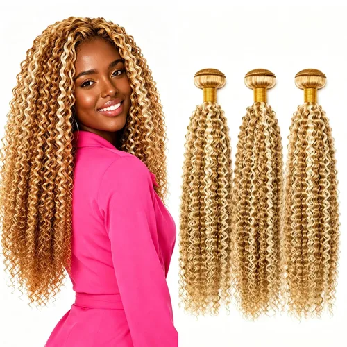 Vista 101 de P4613 Cabello humano rizado onda profunda marrón y paquetes mixtos 8 10 12 P4613 Ombre Marrón-Rubio-DP
