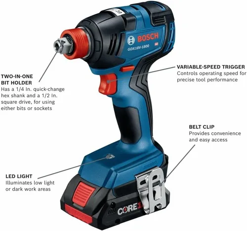 Vista 5 de Bosch GXL18V-502B25 kit de 5 herramientas de 18V con controlador de impacto de punta/llave de 2 en 1, taladro/controlador de martillo de 1/2 pulg.