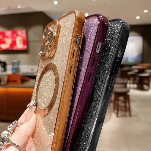 Vista 4 de aowner Funda magnética para iPhone 14 Pro Max con purpurina, chapado de lujo, bonito brillante con protector de lente de cámara, compatible