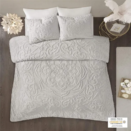 Vista 3 de Madison Park Laetitia - Juego de edredón 100 % algodón, diseño de medallón copetudo de felpilla para todas las estaciones, ropa de cama acogedora