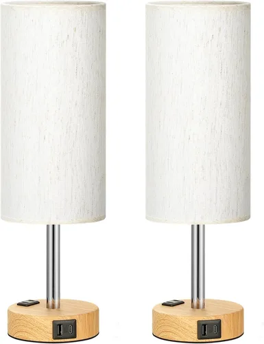 Vista 2 de Fenmzee Juego de lámparas de mesa pequeñas táctiles regulables de 2 a 3 vías, carga USB A + C, salida de CA, base de grano de madera, bombillas