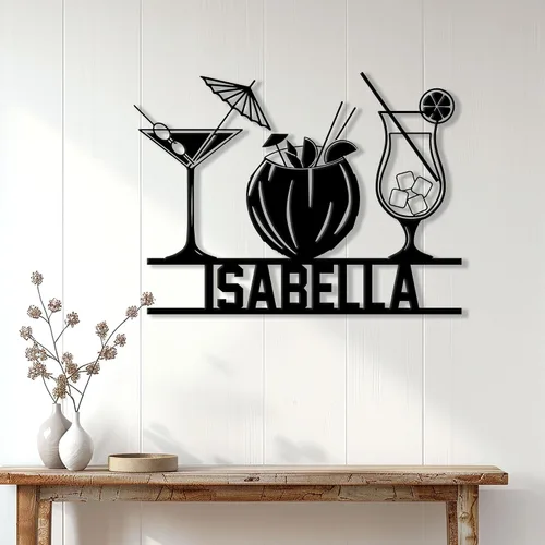 Vista 3 de Letrero de metal personalizado para bar de cócteles – Decoración de pared con nombre personalizado para bar del hogar, patio, o cocina, regalo
