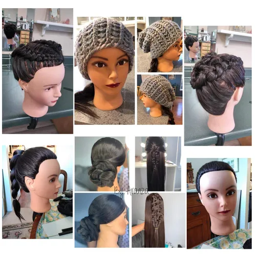 Vista 6 de Cabeza de Entrenamiento 26"-28" Cabeza de Maniquí para Peinado Maniquí de Cosmetología Cabeza de Muñeca Cabello de Fibra Sintética