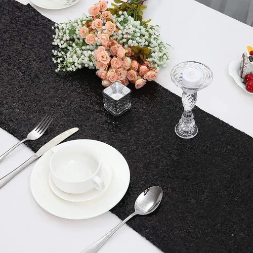 Vista 2 de Camino de mesa de lentejuelas negras de 12 x 72 pulgadas, paquete de 6 caminos de mesa con purpurina para decoración de fiestas, baby shower