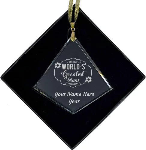 Vista 7 de LaserGram Adorno de Navidad de vidrio personalizado, tía más grande del mundo, idea de regalo grabada con láser personalizada (forma redonda)