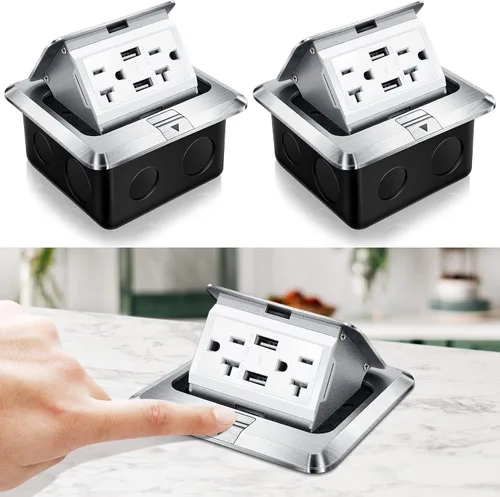Vista 12 de Hoolerry Kit de 1 caja de cubierta de toma de corriente eléctrica de piso desplegable con cargador USB de 4.8 A, 20 amperios, impermeable