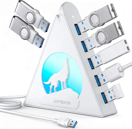 Vista 13 de Hub USB 3.0 de 7 puertos, divisor de USB vertical con iluminación RGB, transferencia de datos de alta velocidad de 5 Gbps y cable de extensión de 2