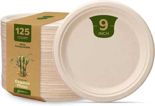 Vista 9 de GUSTO Platos de papel kraft resistentes de 7 pulgadas, 125 unidades, platos de caña de azúcar desechables 100% compostables y biodegradables, marrón