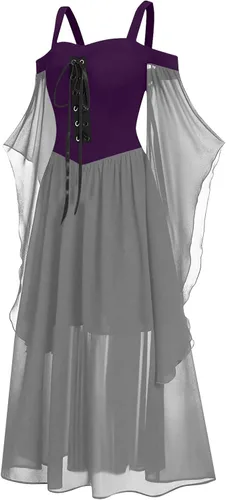 Vista 4 de Vestido de Traje renacentista para Mujer Manga de Mariposa hombro frío gótico Steampunk cremallera Vestido Medieval