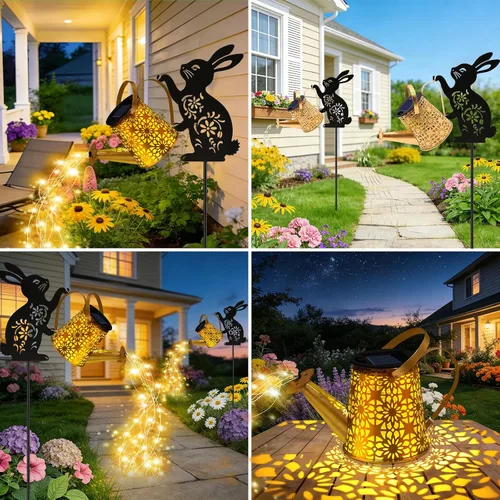 Vista 5 de Luces solares para regadera, linterna colgante de conejo, luces solares al aire libre, regalos para amantes de los conejos para mamá, mujeres