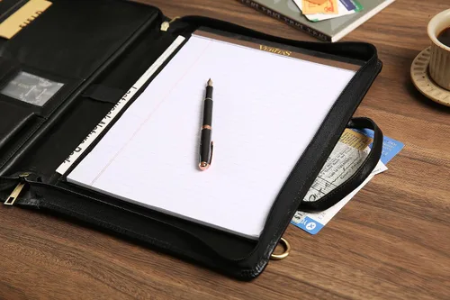 Vista 9 de Organizador de cuero genuino, maletín profesional de cuero de negocios con correa, 14 × 10.5 pulgadas personalizado Padfolio de cuero con asa, negro