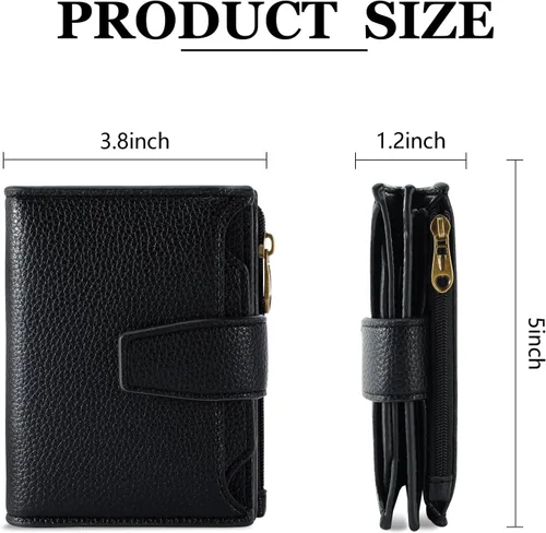 Vista 3 de Carteras de cuero para mujer con bloqueo RFID, billetera delgada, plegable, tarjetero con cremallera, bolsillo para monedas, ventana