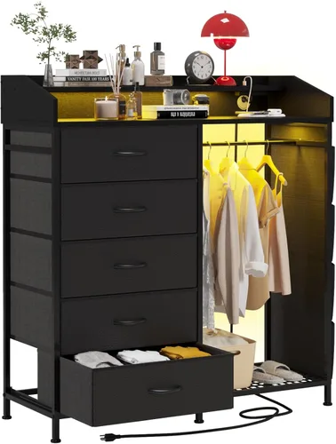 Vista 8 de LUMTOK - Cómoda con estante para colgar, 5 cajones de tela y bolsillo lateral para dormitorio 2 in 1 Black 5 Drawers Dresser with LED&Charging
