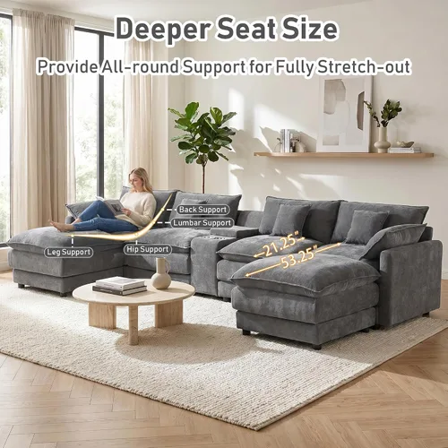Vista 4 de Sofá modular de gran tamaño de 145 pulgadas, sofá de nube en forma de U, moderno juego de sofá de 6 asientos para sala de estar, cómodo asiento Gris