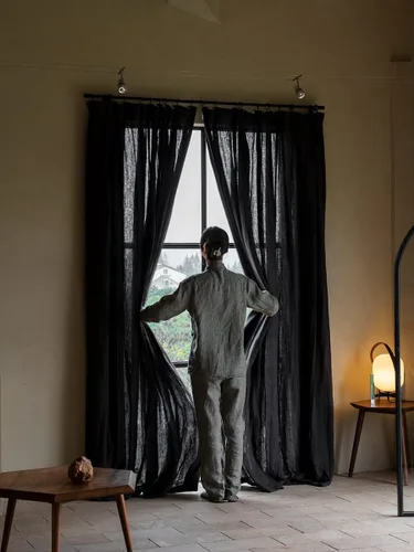 Vista 3 de Cortinas semitransparentes de 100 % lino para sala de estar, juego de cortinas largas plisadas de estilo bohemio neutro para decoración de casa