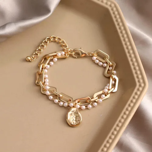 Vista 6 de Oyalma 44844 - Pulsera con colgante de cadena de perlas de color dorado para mujer