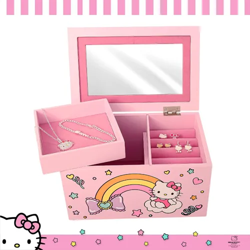 Vista 2 de Hello Kitty Sanrio Joyero con bandeja Regalo oficial de madera rosa