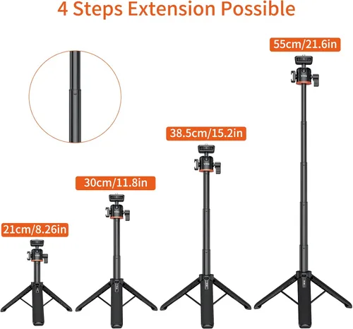 Vista 2 de VRIG Trípode con Palo de Extensión de 21.6", Mini Palo para Selfie Trípode Soporte Mango con Agarre para DJI Osmo Pocket 3, Insta 360 X5 Webcam