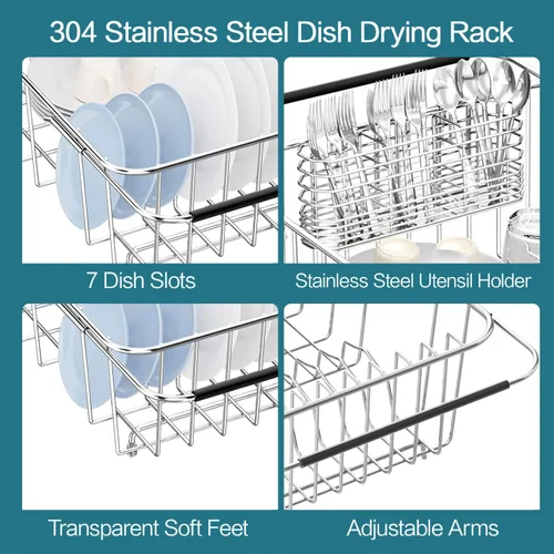 Vista 7 de Escurridor grande para platos en el fregadero expandible, ajustable de acero inoxidable 304, escurridor organizador de platos de metal con soporte