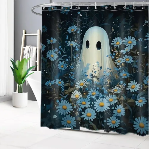 Vista 40 de HVEST Cortina de ducha con ganchos, calabaza espeluznante y fantasma con sombrero de bruja negro, juego de cortina de ducha naranja con flores