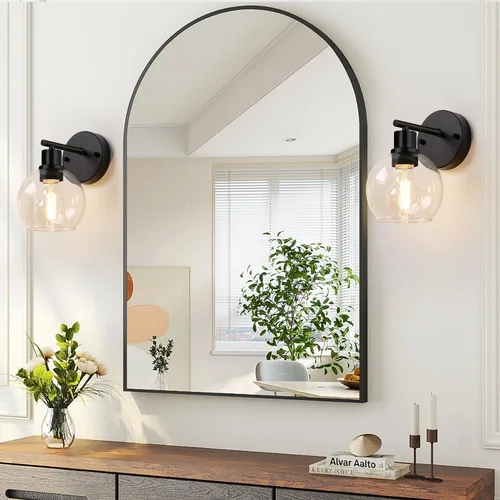Vista 7 de Indoi Juego de 2 apliques de pared negros mate, lámparas de tocador de vidrio transparente con base E26, luces de pared reversibles arriba o abajo