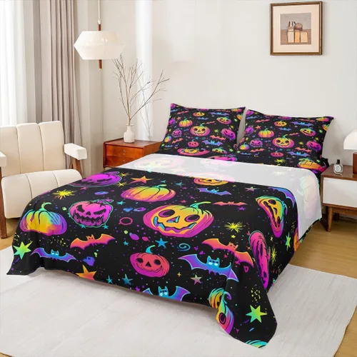 Vista 2 de Juego de sábanas de decoración de Halloween, tamaño individual, sábanas de calabaza arcoíris para niños y niñas con purpurina, calabaza, farol