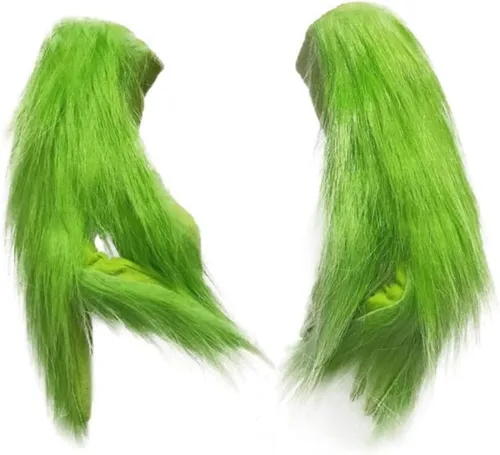 Vista 2 de Hefnoya Guantes de felpa de monstruo verde para adultos y niños, disfraz de Papá Noel de Navidad, accesorios de máscara de manos verdes, Guantes