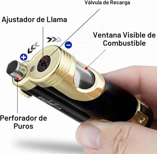 Vista 7 de GUEVARA Encendedor de Antorcha de Butano con Punzón a Prueba de Viento de Doble Chorro (Negro-Dorado)