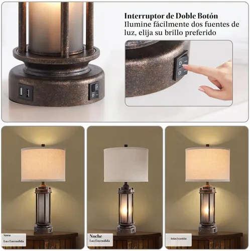 Vista 4 de Lámpara de mesa de granja de 25 pulgadas con 2 puertos de carga USB, lámpara de mesita de noche rústica vintage con luz nocturna de vidrio 1 paquete