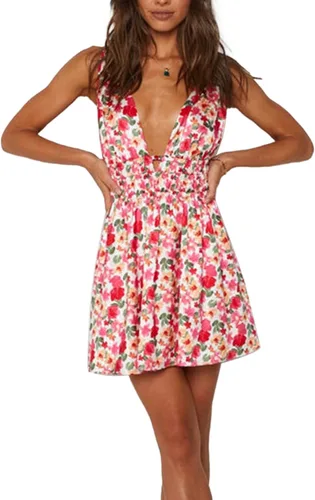 Vista 4 de FOMOYUU Mini vestido sin mangas con cuello en V sin espalda con estampado de flores de verano para discoteca
