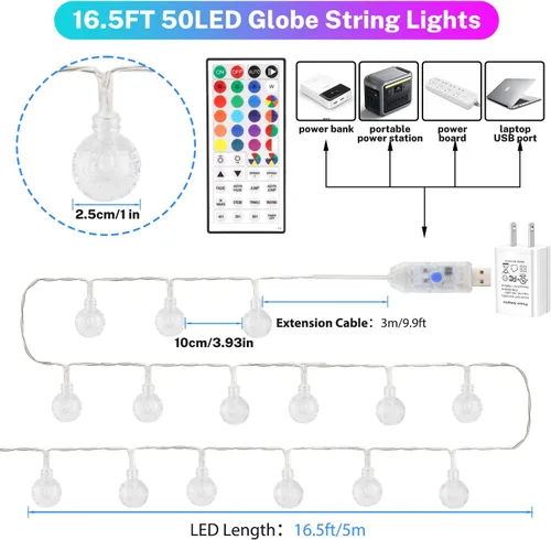 Vista 6 de OMIKA Luces de Cadena de Interior que Cambian de Color con Enchufe USB, 16.5 pies 50 LEDs Luces de Hadas de Globo de Cristal con Control Remoto