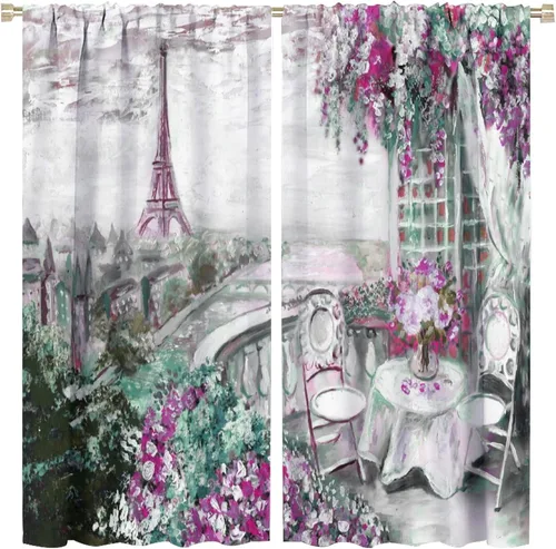 Vista 11 de Cortinas de la Torre Eiffel de París, pintura al óleo, flores moradas, torres de ciudad, con bolsillo para barra, cortinas de ventana