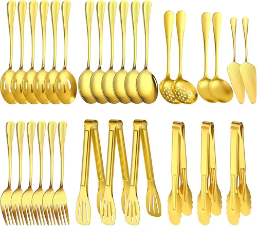 Vista 8 de Juego de 20 utensilios para servir, utensilios completos de acero inoxidable para bufé de catering para barbacoas de verano, parrillas, picnic