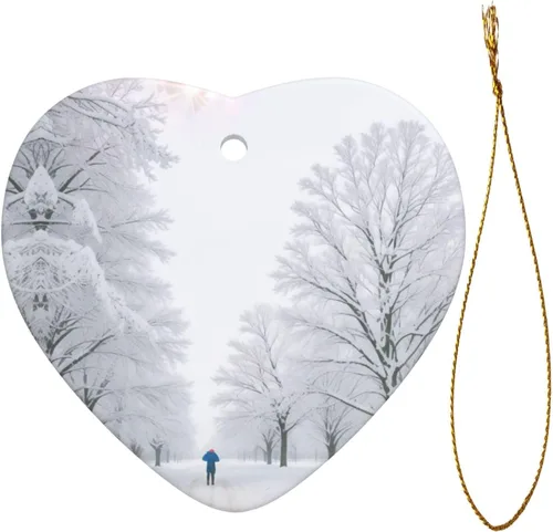 Vista 2 de Árboles en días nevados con estampado de árbol de Navidad colgante de cerámica en forma de corazón colgantes de árbol de Navidad reuniones