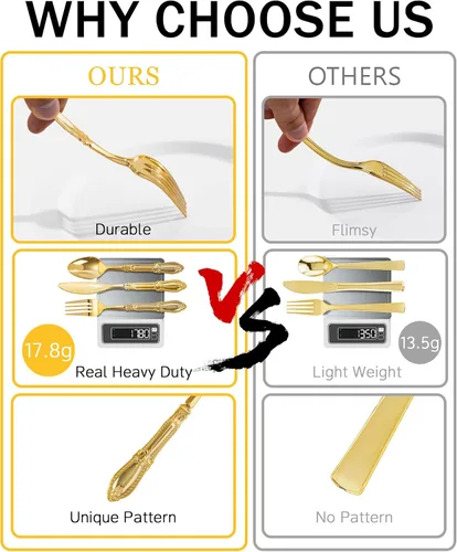 Vista 6 de Nervure Juego de cubiertos de plástico dorado de 90 piezas, juego de cubiertos desechables resistentes, utensilios de plástico dorado de lujo que