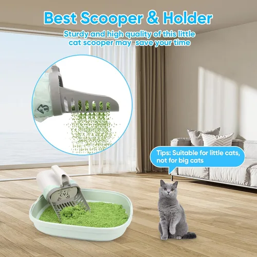 Vista 8 de MYPIN Recogedor grande de arena para gatos con bolsas, pala de arena para gatos mejorada con soporte y basura, pala para gatos con bolsas de basura