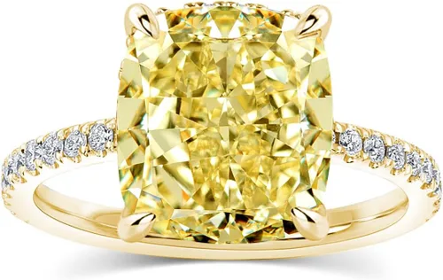 Vista 14 de Anillo de compromiso de corte cojín de 4 quilates para mujer, piedra blanca/amarilla grado 5A, circonita cúbica S925, plata, amarillo/blanco/oro rosa