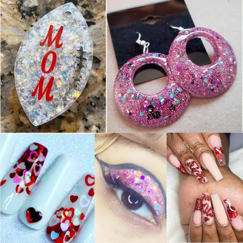 Vista 2 de LoveOurHome Resina holográfica de uñas de 2.16 oz con purpurina en copos de San Valentín, mariposa, corazón, brillos, manualidades, lentejuelas