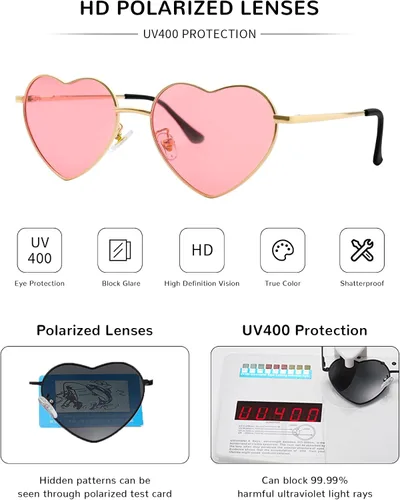 Vista 3 de Lentes de sol polarizados con forma de corazón para mujer, protección UV400, estilo encantador, marco de metal
