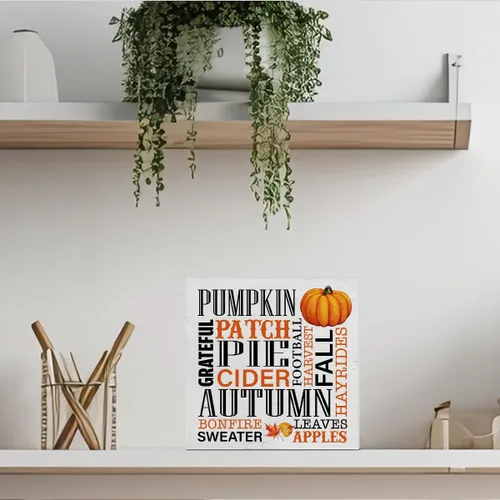 Vista 4 de Cartel de madera de otoño para decoración del hogar, letrero cuadrado de madera de otoño, decoración de escritorio, tema de otoño, bloque de madera