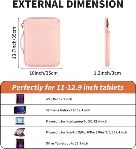 Vista 2 de Funda de transporte para tablet de 12.9 pulgadas, máxima protección para tu iPad Pro, Surface Pro, Galaxy Tab S8 Plus y más (PU-rosa, 12.9 pulgadas)