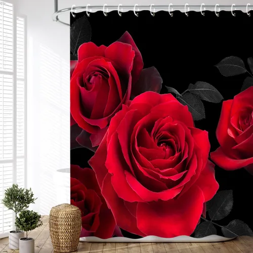 Vista 10 de LIVILAN Cortina de ducha con flores rosas y grises, cortinas de ducha florales de acuarela con ganchos, tela blanca y gris, decoración de baño
